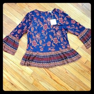 Women's Boho, Bell Sleeve, Blue and Orange Blouse